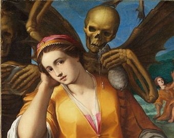 Canvas Wall Art - Leering Skull Offering a Beautiful Woman a Bag of Money Allegory of Avarice by Jacopo Ligozzi 1590