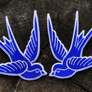 2 Blue & White Swallows Iron On Patch, Traditional Tattoo Style, Embroidered Punk Rock and Rockabilly Bird Applique