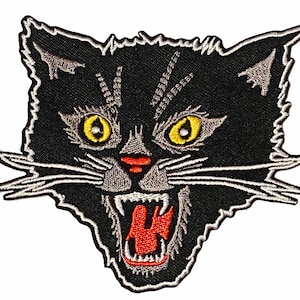 ワイルドキャット ブラックキャット アイロン刺繍パッチ パンク ロカビリー バイカー トラディショナル タトゥー アップリケ