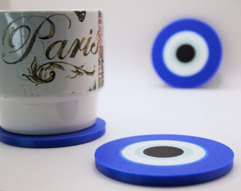 Evil Eye Untersetzer 4-teilig, Getränkehalter, Kaffee, Tee, Schutzstück, blaues Hausdekor, Herzstück als Geschenk für neues Zuhause