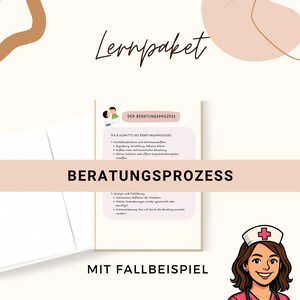 Peut inclure: Document éducatif beige clair intitulé "Lernpaket" avec le texte "Beratungsprozess" en gras. Le document comprend une illustration de dessin animé d'une infirmière et une liste d'étapes. Le bas de l'image se lit "Mit Fallbeispiel".