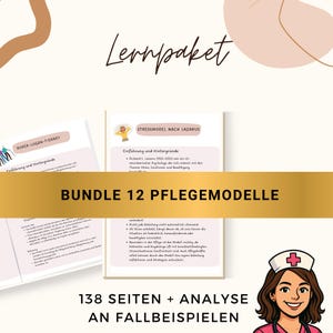 Könnte beinhalten: Ein Bundle mit 12 Pflegemodellen mit 138 Seiten und Analyse von Fallbeispielen. Das Bild enthält den Text "Lernpaket" und "Bundle 12 Pflegemodelle". Das Bundle enthält Informationen zum Roper-Logan-Tierney-Modell und zum Stressmodell von Lazarus.