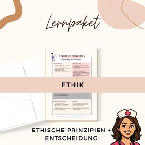 Może przedstawiać: Pakiet edukacyjny ze słowem "Lernpaket" w kursywie. Pakiet zawiera strony ze słowami "ETHIK" i "ETHISCHE PRINZIPIEN + ENTSCHEIDUNG". Kreskówkowa pielęgniarka znajduje się w prawym dolnym rogu.