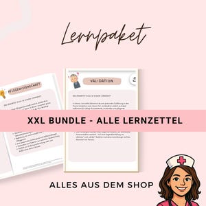 Könnte beinhalten: Ein digitales Produktpaket mit dem Text "Lernpaket" oben. Das Bild zeigt zwei offene Dokumente mit Text und Illustrationen sowie die Worte "XXL BUNDLE - ALLE LERNZETTEL". Am unteren Rand befindet sich eine Cartoon-Krankenschwester.