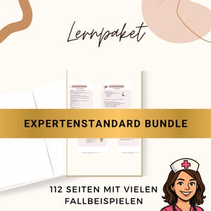 Könnte beinhalten: Ein Bild eines Dokumentenpakets mit der Aufschrift "Expert Standard Bundle" in Goldbuchstaben. Das Bild enthält auch den Text "112 Seiten mit vielen Fallbeispielen" und eine Cartoon-Krankenschwester.