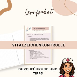Könnte beinhalten: Ein digitales Pflege-Leitfaden mit dem Titel "Vitalzeichenkontrolle" in großen, fetten Buchstaben. Der Leitfaden enthält Definitionen, Normalwerte und Tipps. Eine Cartoon-Krankenschwester befindet sich in der unteren rechten Ecke.
