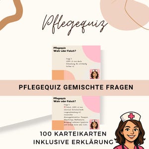 Könnte beinhalten: Ein Set von Karteikarten mit dem deutschen Text "Pflegequiz" und "Wahr oder Falsch?" zu COPD. Die Karten zeigen Fragen und Illustrationen einer Krankenschwester. Das Set enthält 100 Karten mit Erklärungen.