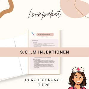 Può includere: Un pacchetto di apprendimento digitale con il titolo "Lernpaket" in corsivo. Il pacchetto include un documento con il titolo "Pflegemabnahmen Injektionen" e il testo "S.C. I.M Injektionen". Un'infermiera dei cartoni animati si trova nell'angolo in basso a destra.