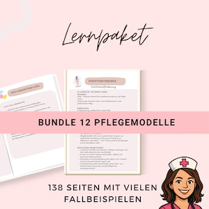 Pode incluir: Um conjunto de materiais educativos com o título "Lernpaket" em uma fonte manuscrita. O conjunto inclui documentos com títulos como "Medikamentenwissen" e "Expertenstandard Kontinensförderung". O texto "BUNDLE 12 PFLEGEMODELLE" também é visível. Uma enfermeira de desenho animado está no canto inferior direito.