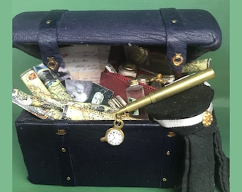 Collector Miniature DOLLHOUSE 1:12 Filled Sailor's Trunk, Leather Trunk, OOAK