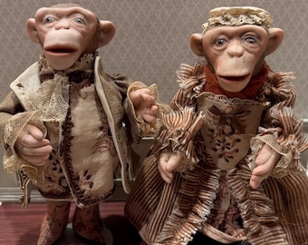 Miniature  1:12  18C Pair MONKEYS Porcelain DRESSEd by Richard PALAN OOAK