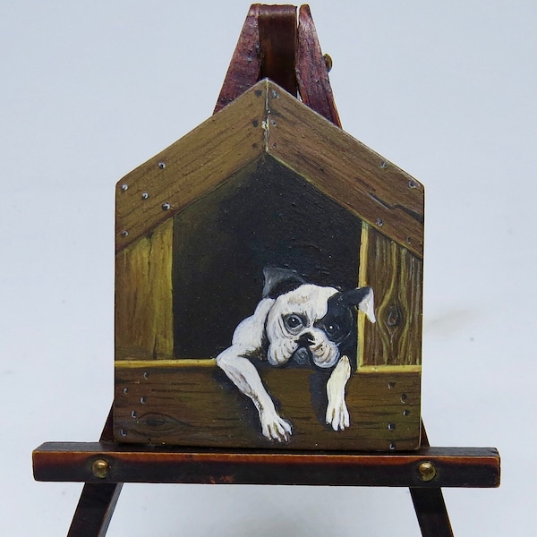 Trompe L'Oeil Painting - BULLDOG in his DOGHOUSE 1:12 scale - Patricia Paul