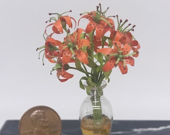Miniature 1:12 Artisan Tiger Lillies in Glass Vase - Barb Plevan OOAK