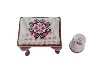 Dollhouse Miniature 1:12 Artisan Wooden Stool Needlepoint Cover OOAK Signed OOAK