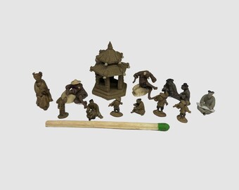 Super TINY LOT of 12 Mudmen and Pagoda - Asian, Dollhouse Miniature BONSAI