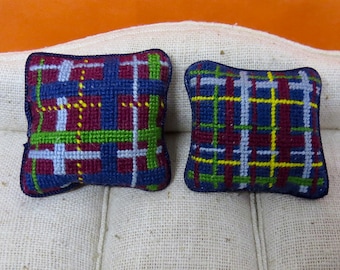 DollHouse Miniature 1:12 Needlepoint THROW PILLOWS set of 2 Plaid OOAK