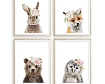 Baby Girl Woodland Nursery Decor Blush PRINTABLE Wall Art Prints Animals With Pink Watercolor Flower Crowns Floral Animal DIGITAL DOWNLOAD