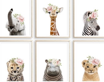 Baby Girl Safari Nursery Prints Set of 6 Safari Animal Prints for Girl Nursery Artwork Girl Room Wall Art Nursery Decor DIGITAL DOWNLOAD