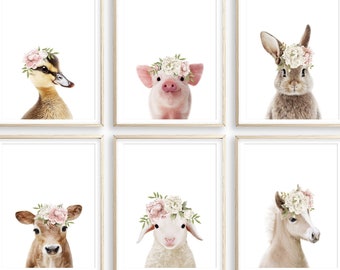 Baby Girl Farm Nursery Prints Farm Animal Prints Flower Crown Little Girls Bedroom Print Toddler Girl Room Decor PPRINTABLE Nursery Wall Art
