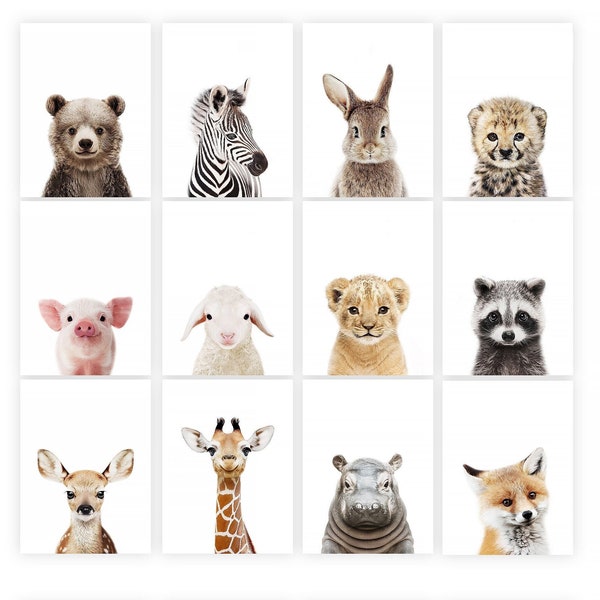 AFDRUKBARE baby dierenprints voor kinderkamer kunst aan de muur, Safari kinderkamer dierenprint set, bosdieren kinderkamer prints, baby dieren poster