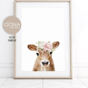 Baby Cow Print Flower Crown Animal Prints Baby Girl Room Wall Art Little Girls Room Decor PRINTABLE Floral Calf Farm Animal DIGITAL DOWNLOAD