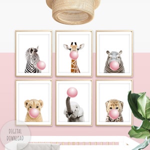 Blush Pink Nursery Wall Art Baby Safari Animal Prints with Bubble Gum Baby Girl Nursery Decor Girl Set of 6 Picture INSTANT DIGITAL DOWNLOAD