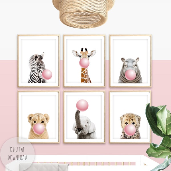 Blush Pink Kinderzimmer Wandkunst Baby Safari Animal Prints mit Bubble Gum Baby Mädchen Kinderzimmer Dekor Mädchen 6er Set Bild SOFORTIGER DIGITALER DOWNLOAD