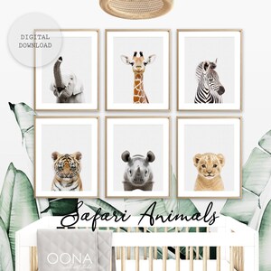 May include: A set of six framed prints featuring close-up images of safari animals, including a giraffe, zebra, elephant, tiger, rhinoceros, and lion. The prints are displayed on a white wall above a white crib with a gray quilted blanket. The text "Safari Animals" is written in black cursive below the prints.