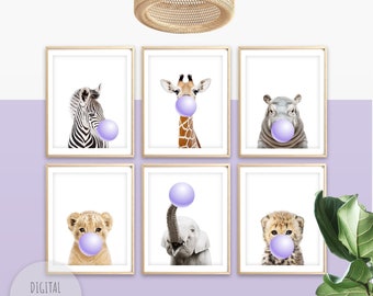 Purple Nursery Animal Prints with Bubble Gum Nursery Wall Art Nursery Prints Gilr Bedroom Decor Lavender Nursery Art Girl PRINTABLE WALL ART