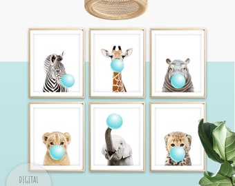 Impressions d'art mural pour chambre d'enfant turquoise, ensemble d'impressions de bébés animaux safari menthe chewing-gum chambre de bébé chambre d'enfants art mural salle de jeux décoration murale TÉLÉCHARGEMENT NUMÉRIQUE