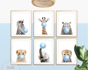 Light Blue Nursery Prints Boy Nursery Decor Boys Safari Animal Prints With Bubble Gums Nursery Wall Art Boy Room Art Poster DIGITAL DOWNLOAD