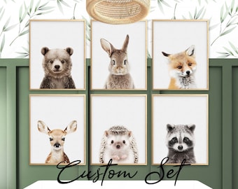 Láminas de animales del bosque para guardería, set de 6 láminas de animales bebés, decoración digital para guardería.