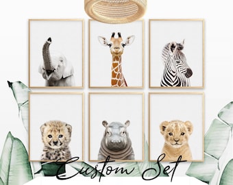 Juego de 6 impresiones de safari para guardería, impresiones de animales de la selva, arte de pared para bebés, decoración de guardería de zoológico, descarga digital, pósteres para habitación de bebé y niños.