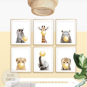 Yellow Nursery Decor Safari Nursery Prints Baby Animals & Bubble Gum Colorful Gender Neutral Nursery Art Childrens Wall Art DIGITAL DOWNLOAD