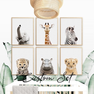 Juego de 6 impresiones de safari para guardería, impresiones de animales de la selva, arte de pared para bebés, decoración de guardería de zoológico, descarga digital, pósteres para habitación de bebé y niños.