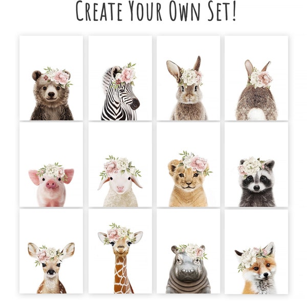 Pode incluir: Um conjunto de 10 ilustrações de animais imprimíveis com vários animais usando coroas de flores. Os animais incluem um urso, uma zebra, um coelho, um guaxinim, um porco, um cordeiro, um leão, um veado, uma girafa e um hipopótamo.