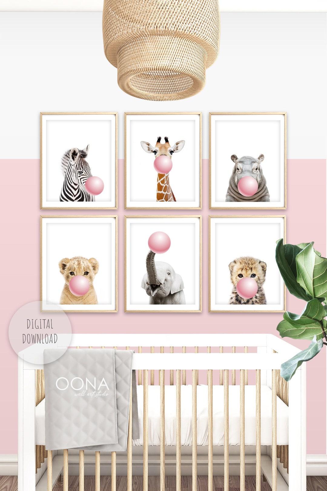 Blush Pink Nursery Wall Art Baby Safari Animal Prints With Bubble Gum ...
