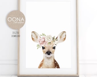 Baby Deer Print Woodland Animal Print For Nursery Girl Floral Nursery Wall Art Girl Woodland Nursery Decor Fawn With Flower Crown PRINTABLE