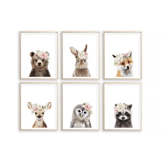 Woodland Nursery Prints Girl Nursery Decor Girl Baby Animals With Flower Crown Prints for Girl Room Wall Art Picture Poster DIGITAL DOWNLOAD