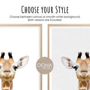May include: A digital print of a cute giraffe with a white background. The print is available in two styles: canvas and smooth white. The print includes the text "OONA wall art studio".