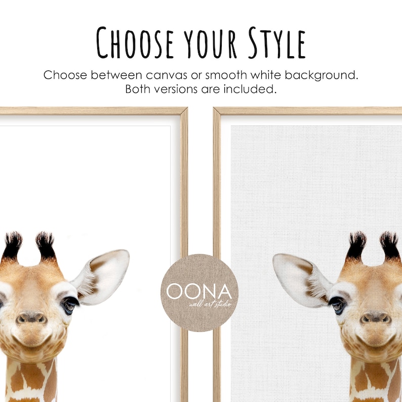 May include: A digital print of a cute giraffe with a white background. The print is available in two styles: canvas and smooth white. The print includes the text "OONA wall art studio".