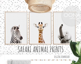 Safari Nursery Art Prints Baby Animal Nursery Wall Art Animals Wall Art Nursery PRINTABLE Nursery Art Jungle Elephant Giraffe Set of 3 Print