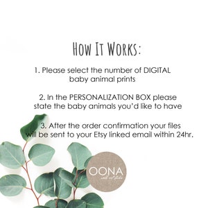 May include: White background with text: "HOW IT WORKS:" followed by instructions for ordering digital baby animal prints. Includes a logo and eucalyptus leaves.