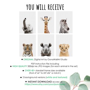 May include: A digital download set of six animal illustrations. The illustrations feature a baby elephant, giraffe, zebra, tiger, rhinoceros, and lion. The illustrations are in a minimalist style with a white background. The text "YOU WILL RECEIVE" is at the top of the image. The text below the images reads "ORIGINAL Digital Art by OonaWallArt Studio PDF Instruction File including HIGH QUALITY 300dpi res JPG images (for each animal in the set) OVER 40+ standart frame sizes available (from 4"x6" to 24"x36" or A4-A1) 2 background versions (white and textured) INSTANT DOWNLOAD access at https://www.etsy.com/your/purchases"