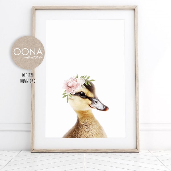 Baby Duck Print With Flower Crown Girl Farm Nursery Art Girls Room Decor Baby Girl Bedroom Print Floral Duckling Picture PRINTABLE Wall Art