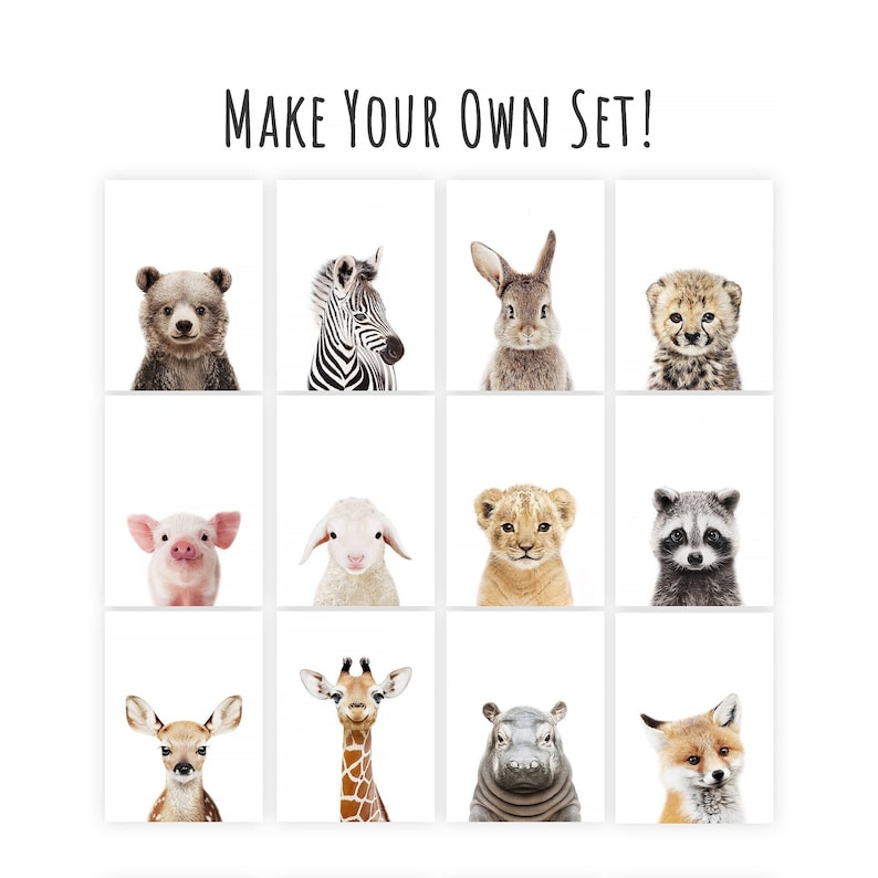 May include: A collection of twelve animal portraits, including a bear, zebra, rabbit, cheetah, pig, lamb, lion, raccoon, deer, giraffe, hippo, and fox. The text "MAKE YOUR OWN SET!" is displayed above the images. Each animal is set against a white background.