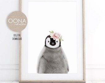 Baby Penguin Print With Flower Crown Little Girl Prints Baby Girl Nursery Wall Decor Girl Toddler Girl Room Art Girls PRINTABLE Wall Art