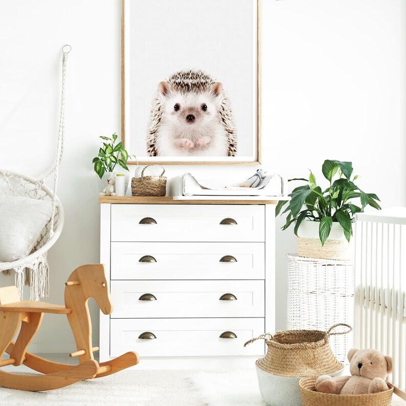 May include: A white dresser with four drawers and gold handles. A wooden rocking horse is in the foreground. A framed print of a hedgehog is on the wall above the dresser. A white changing table is on top of the dresser. A potted plant is on a white wicker stand to the right of the dresser. A wicker basket with a brown and white pattern is on the floor in front of the dresser. A brown teddy bear is sitting in the basket.