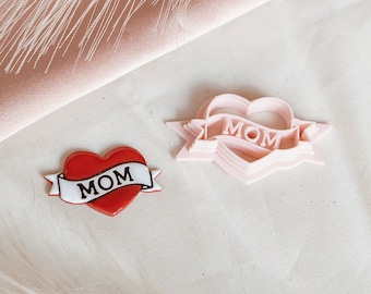 Mom Heart Clay Cutter, Heart with MOM Ribbon Polymer Clay Cutter, Craft Tools, Tattoo Inspired PLA Cutter