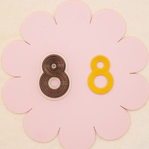 May include: Two numbers, 8 and 8, are displayed on a pink flower-shaped background. The number 8 on the left is made of brown paper, while the number 8 on the right is made of yellow paper.